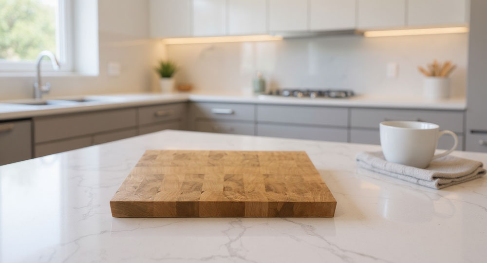 Stirnholzschneidebrett aus Eiche von nature crafts in einer hellen Küche