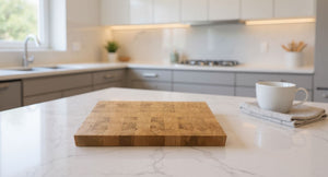 Stirnholzschneidebrett aus Eiche von nature crafts in einer hellen Küche